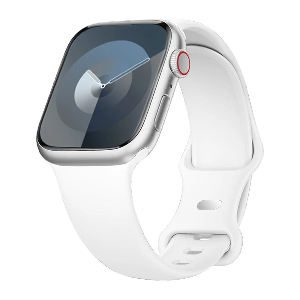 Apple Watch with a soft white silicone strap, featuring a sleek design and circular watch face.