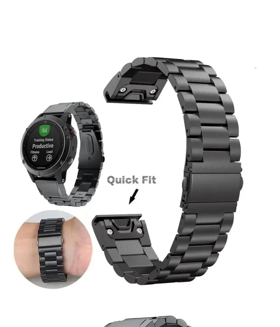 Garmin QuickFit Stainless Steel Bracelet Band black band, connector and wrist views