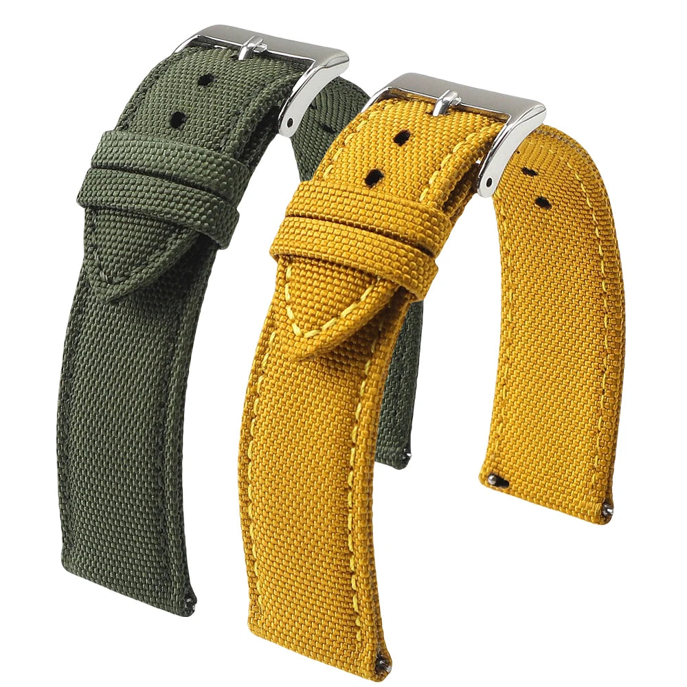 Motorola Moto Sailcloth Nylon Watch Band with Pin Buckle — Olive and mustard woven straps
