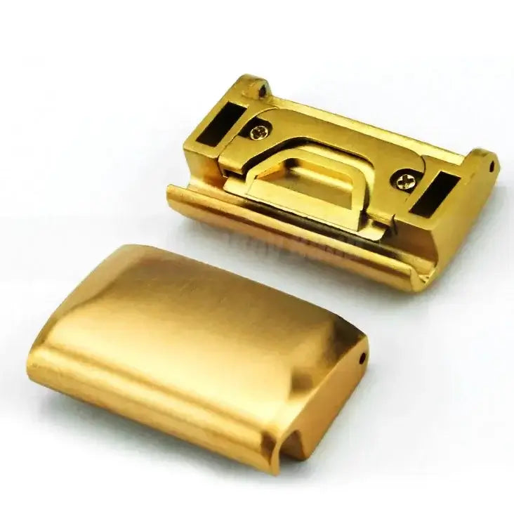 Gold QuickFit stainless steel adapter for Garmin smartwatch, enhancing style and functionality of wearable tech.