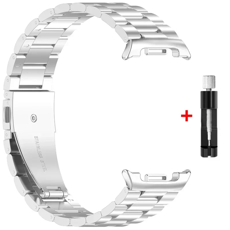 Samsung Galaxy Stainless Steel Link Watch Band - Watch8/Watch8 Classic/Watch9/Ultra/Ultra2 with silver link design and tool.
