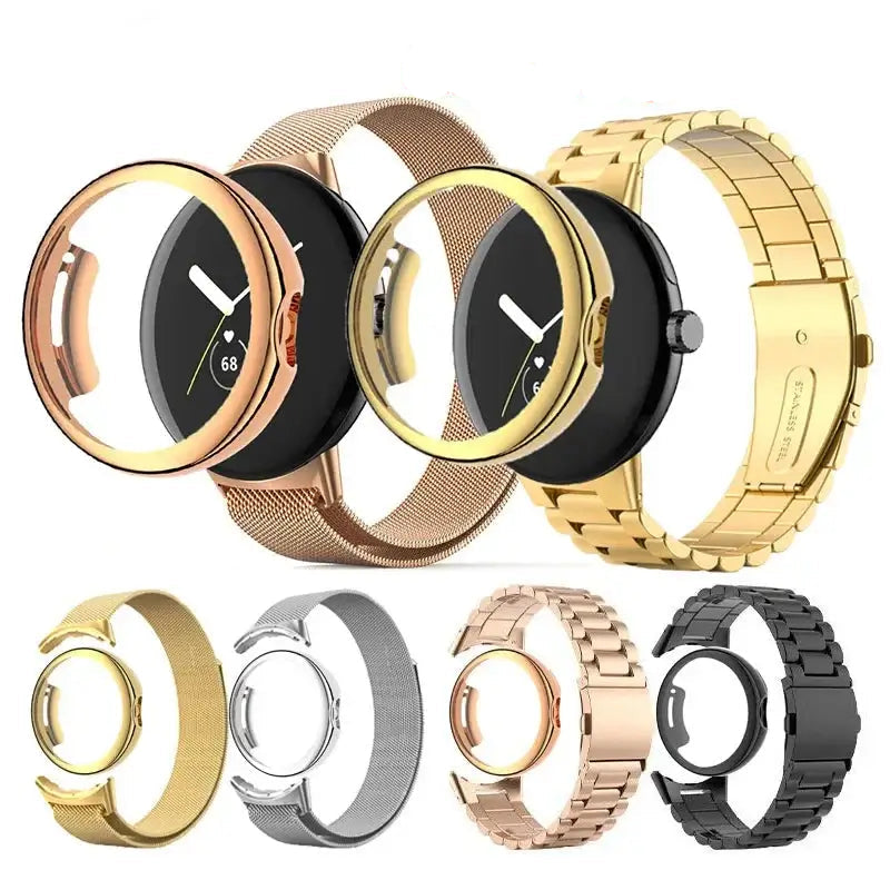 Link and mesh Pixel Watch bands with matching cases and finish previews