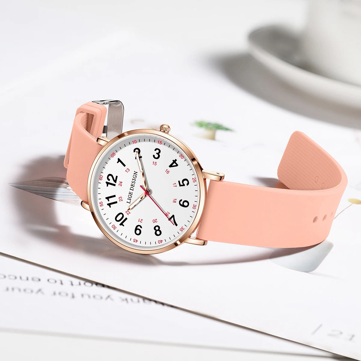 Women's Arabic Numeral Silicone Quartz Watch — Pink silicone strap and buckle — BandsCo Straps
