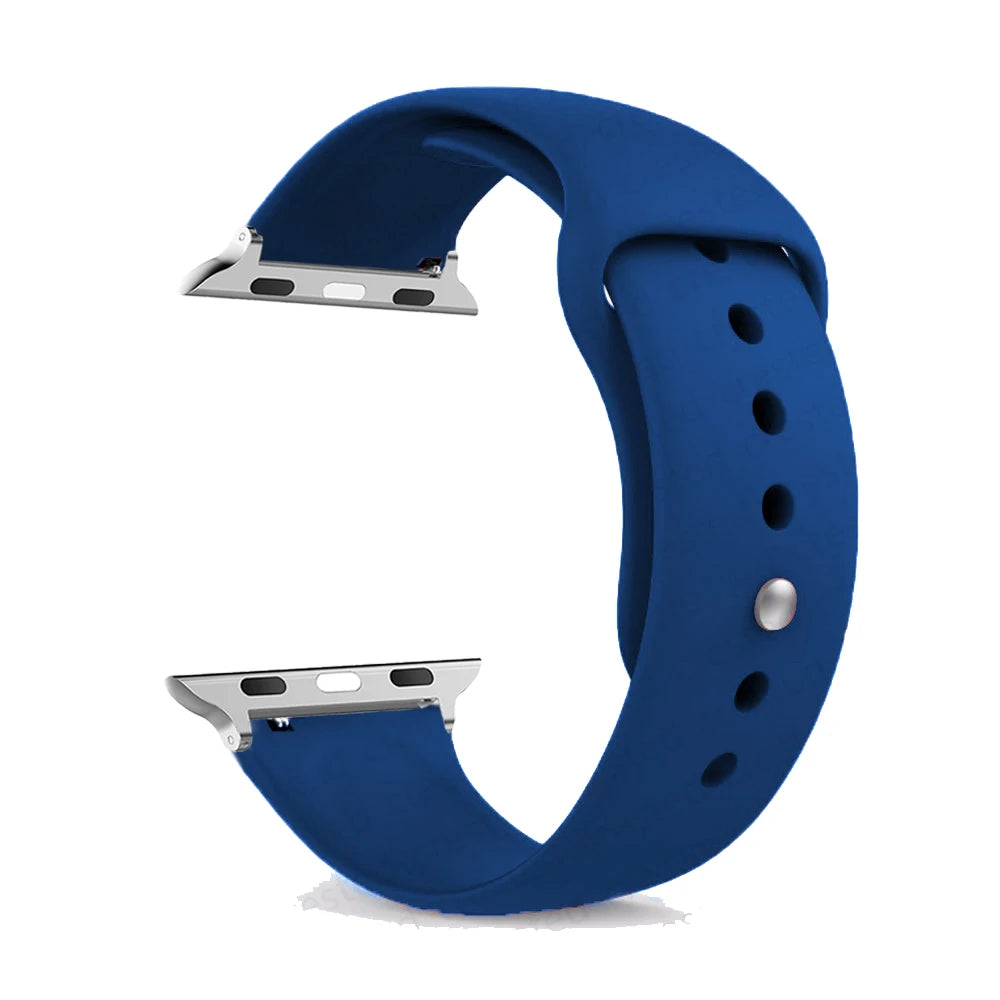 Apple Watch blue silicone strap, comfortable and waterproof, perfect for daily wear and workouts.