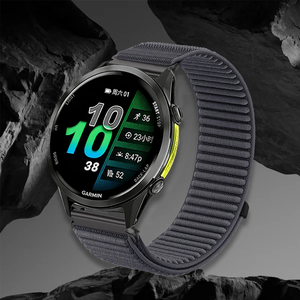 OnePlus Smartwatch Nylon Band Adjustable Breathable Sport Watch Strap on a Garmin smartwatch, showcasing its vibrant display.