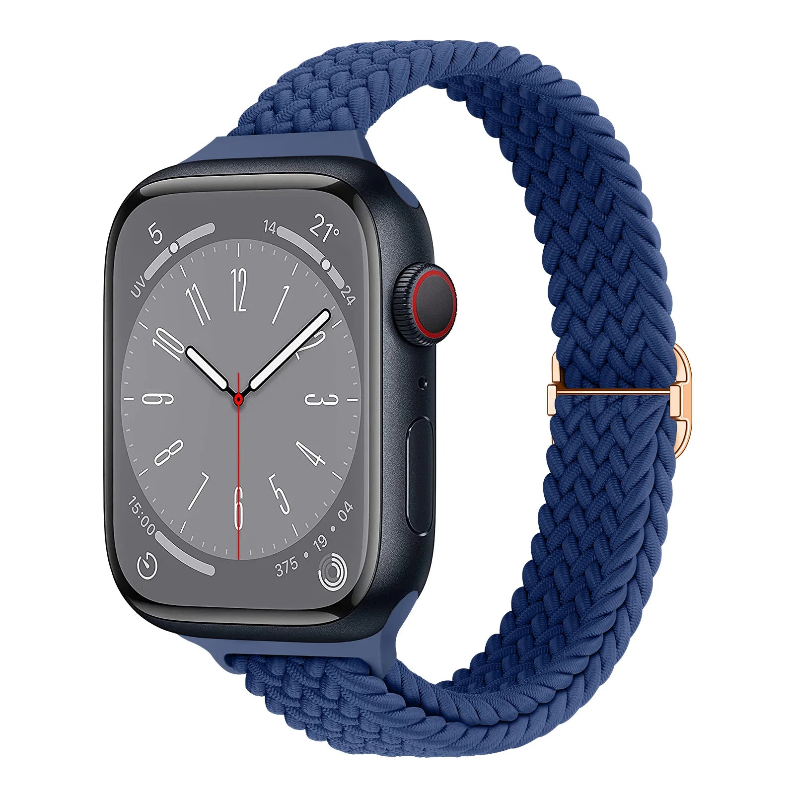 Apple Watch with a navy blue nylon braided band, offering a stylish and breathable design for ultimate comfort.