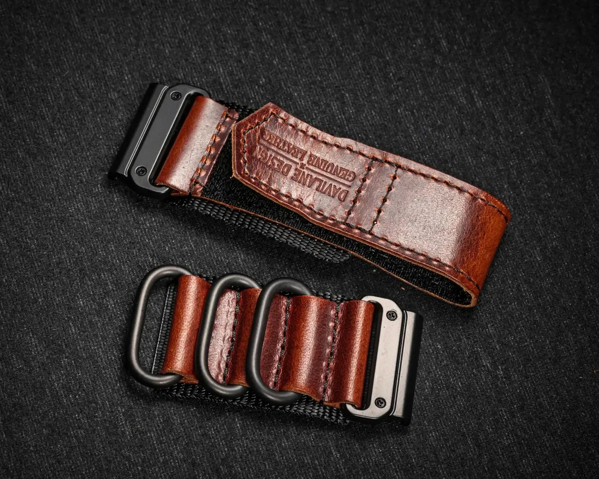 Garmin QuickFit Leather and Nylon Loop Band brown band laid flat