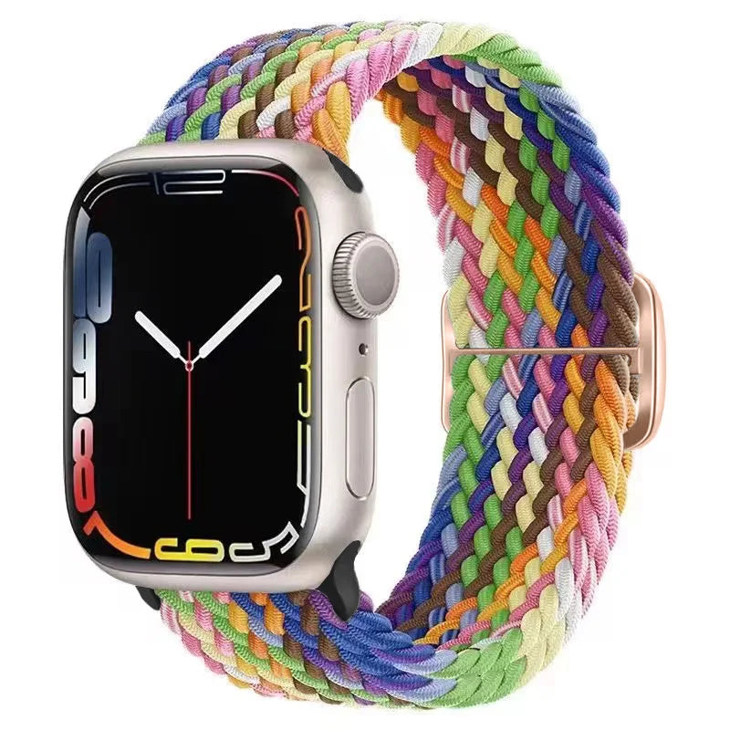 Apple Watch with colorful braided nylon strap, showcasing a stylish and lightweight design for daily wear.