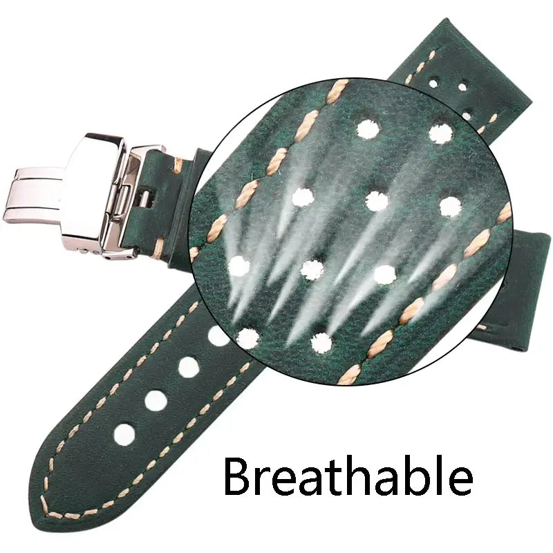 Green leather strap perforation detail for compatible Huawei watches