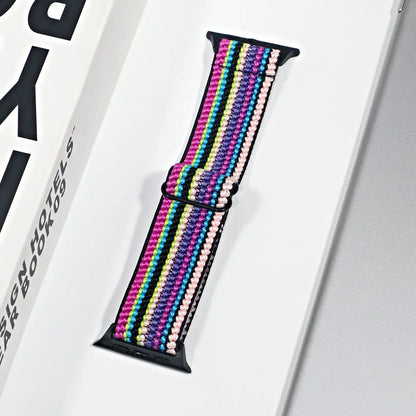 Apple Watch nylon sport loop strap in multicolor design, featuring breathable fabric for comfort and style.
