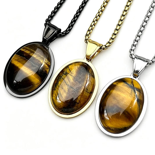 Oval tiger's eye pendant necklaces in gold, silver and black tones