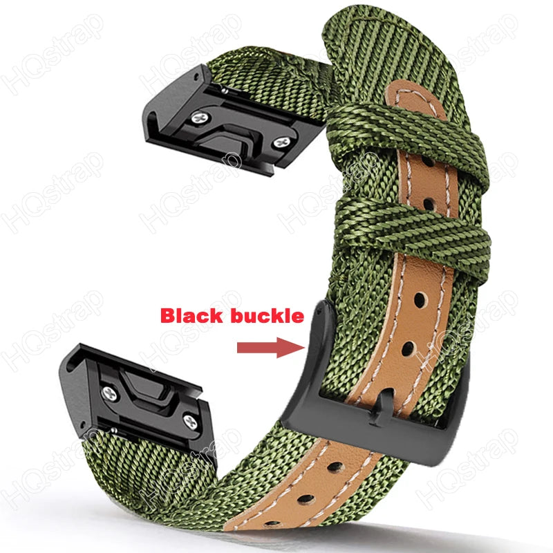 Garmin smartwatch replacement strap with black buckle, featuring breathable green nylon design for comfort and durability.