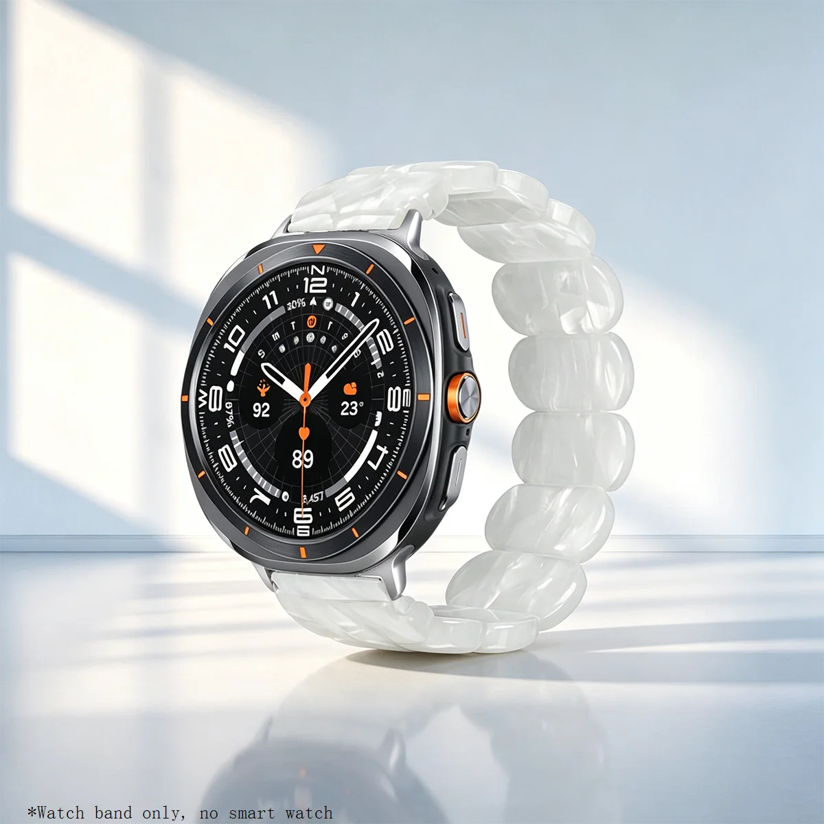 Samsung Galaxy Resin Link Watch Band – Metal Connector Watch8/Watch8 Classic/Watch9 in pearl white on display