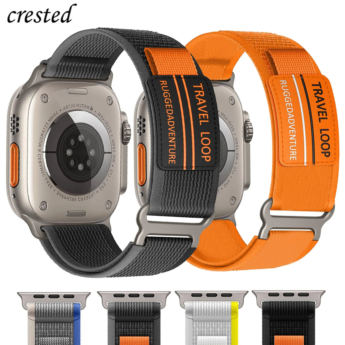Two trail-style bands with a row of color previews for Apple Watch