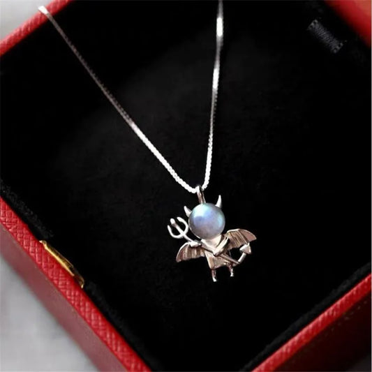Simulated Moonstone Little Devil Pendant Necklace, 925 Sterling Silver, photo 1