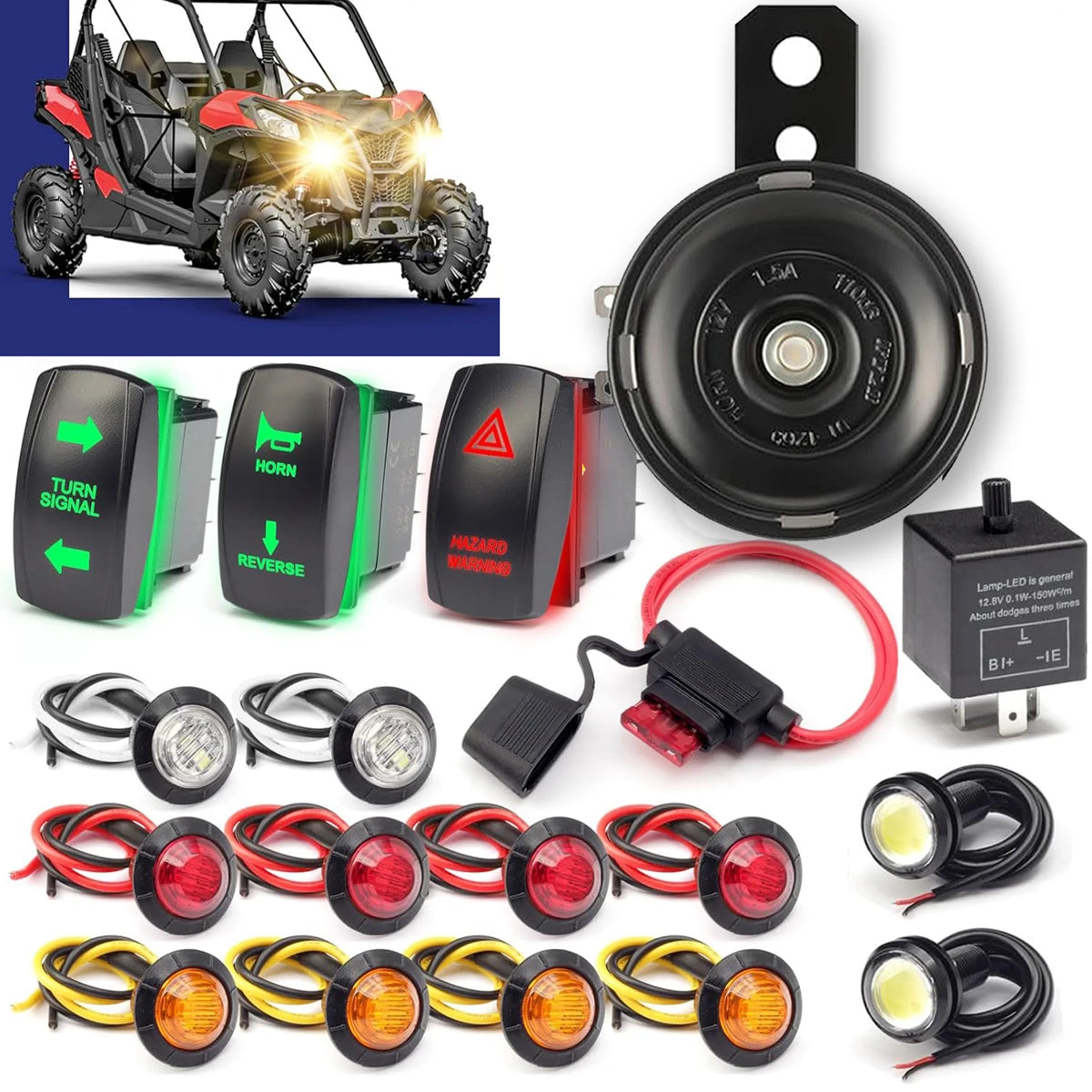 Golf Cart Turn Signal Kit with Horn, Hazard Switch and LED Lights, 12V