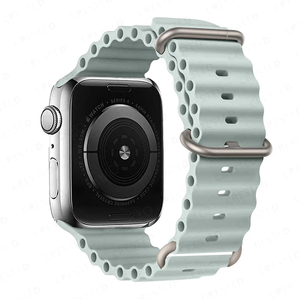 Apple Watch with a light blue silicone strap, waterproof and breathable, perfect for active lifestyles.