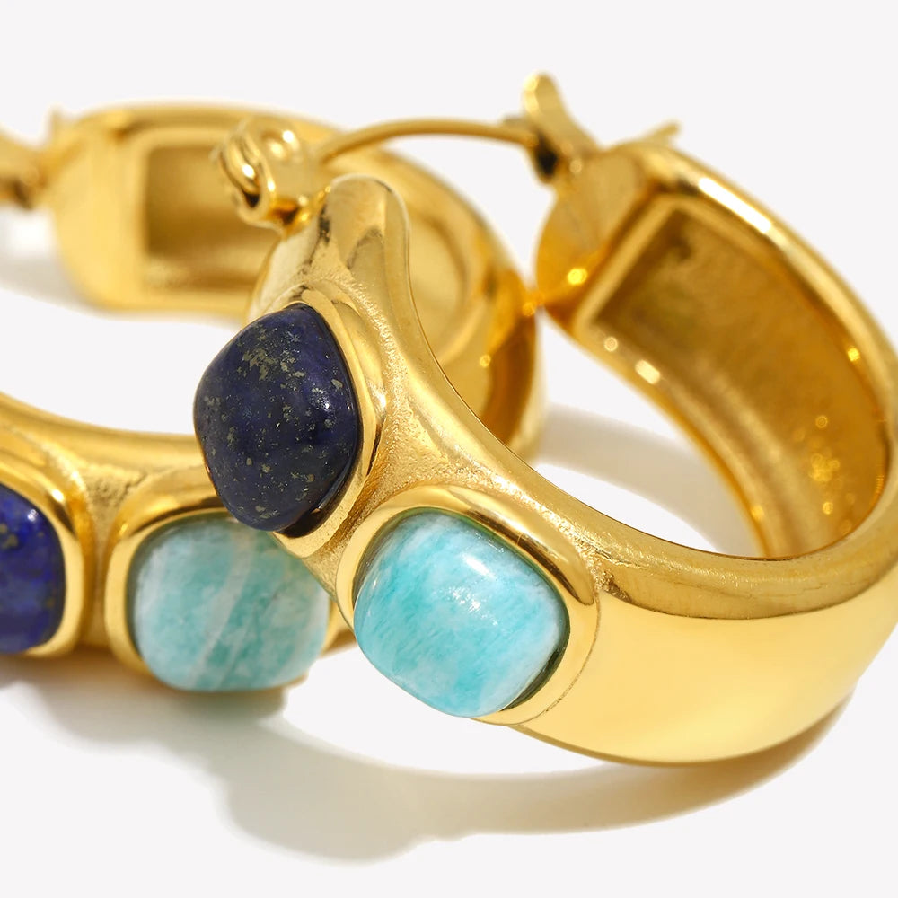 Lapis lazuli and turquoise hoop earrings, gold-tone stainless steel