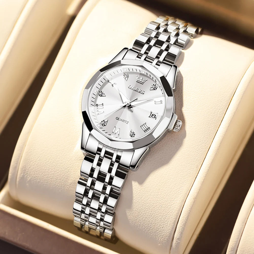 Women's Faceted Bezel Quartz Bracelet Watch — Silver Tone / White Dial — BandsCo Straps