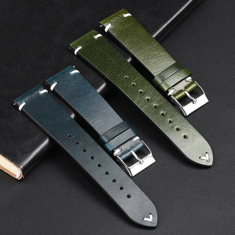 Motorola Moto Oil-Waxed Leather Band with Accent Stitching — Blue and olive leather straps