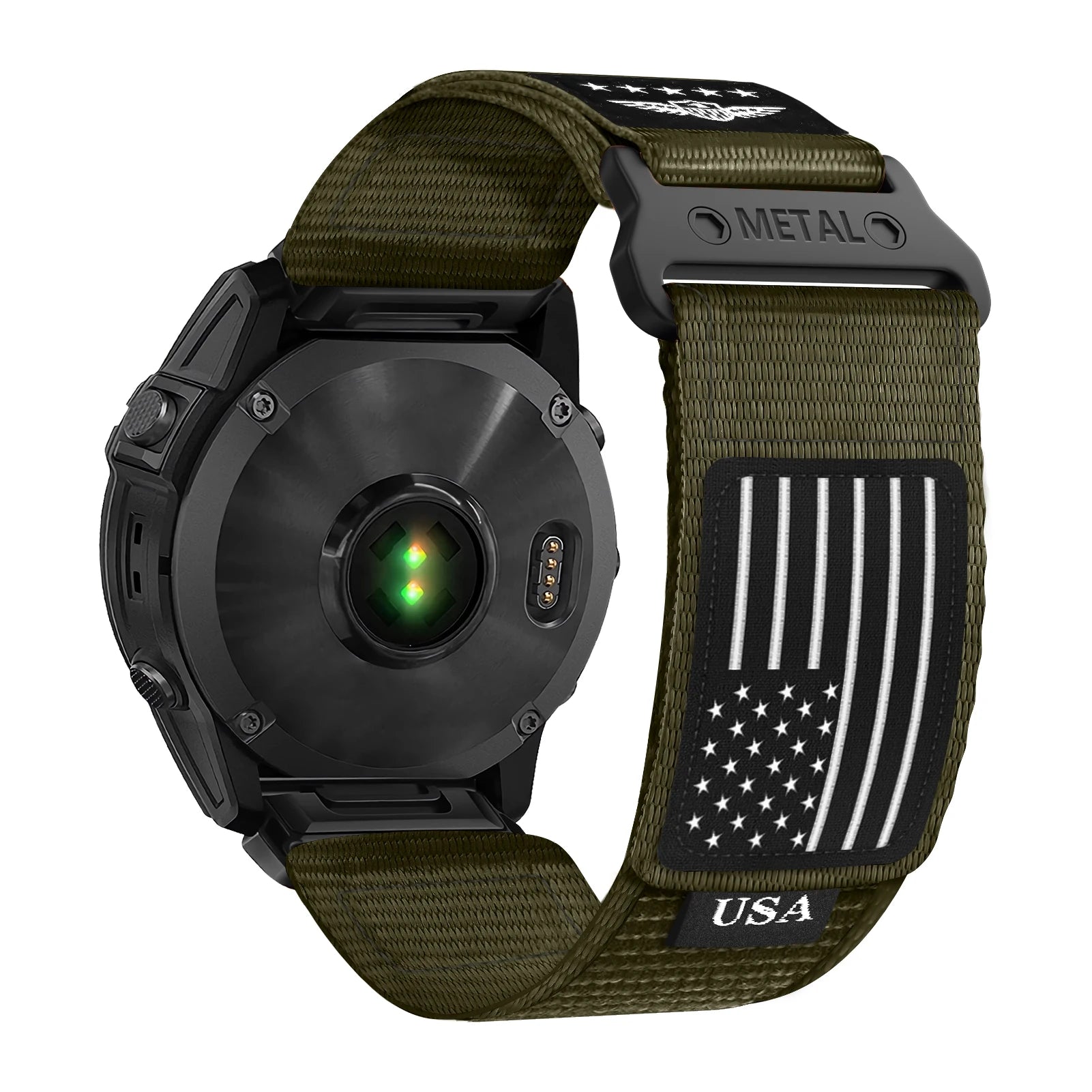 Garmin smartwatch with tactical nylon band featuring USA flag design, ideal for active lifestyles and quickfit replacement.