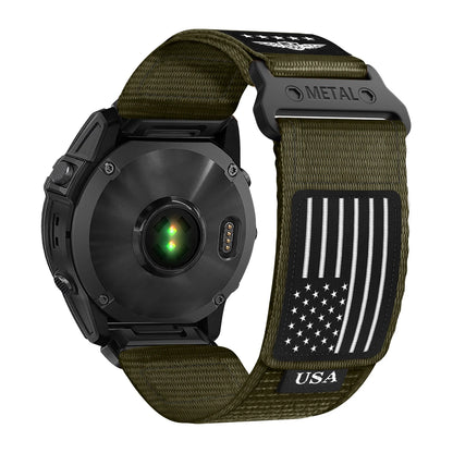 Garmin smartwatch with tactical nylon band featuring USA flag design, ideal for active lifestyles and quickfit replacement.