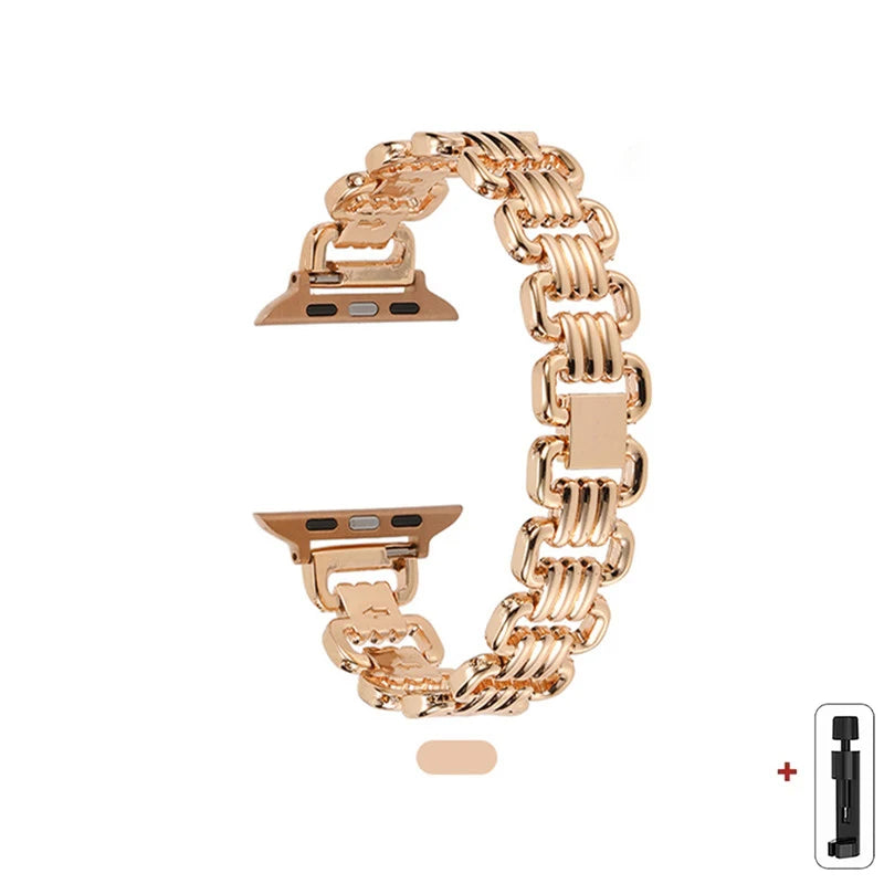 Apple Watch metal band in rose gold with luxury chain strap design for style and comfort.