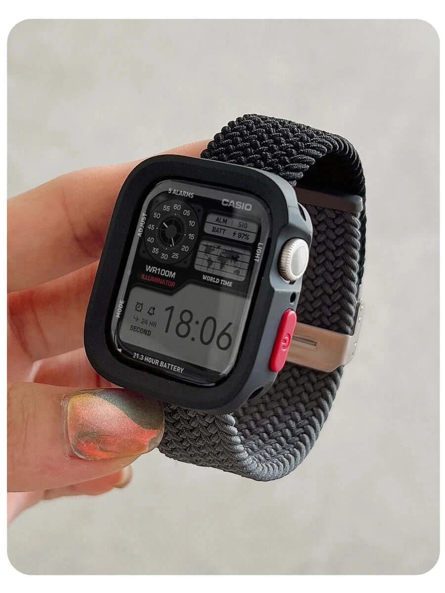 Black and gray woven Apple Watch band and black case held in hand