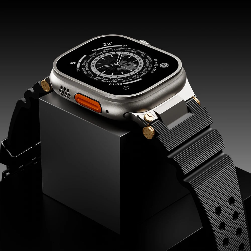 Apple Watch with silicone sports strap on a display, showcasing waterproof and adjustable design for active lifestyles.