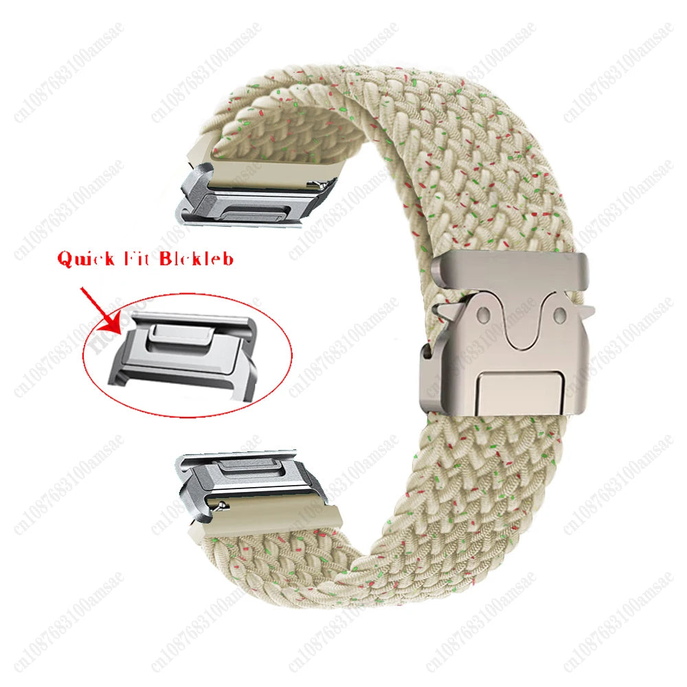 Garmin braided nylon strap featuring a quick fit buckle, lightweight and durable design for smartwatch replacement.
