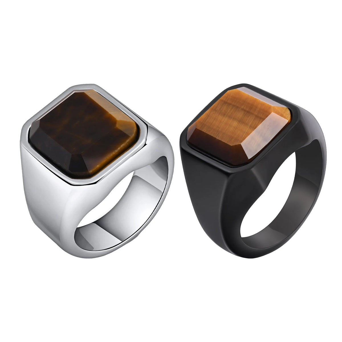 Square tiger's eye rings in silver and black stainless steel