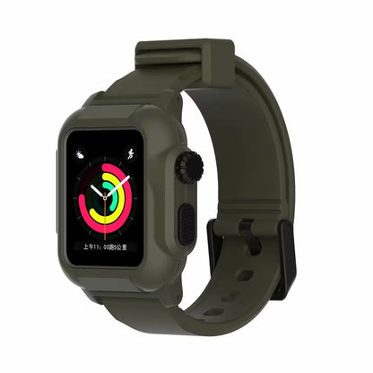 Apple Watch silicone strap in olive green, featuring a waterproof design and stylish, functional look.