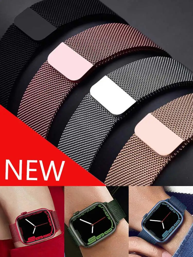 Mesh band magnetic tab details and watch case examples