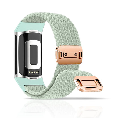 Fitbit Charge 5 6 braided band in mint green with magnetic buckle, stylish smartwatch strap for comfort and flexibility.