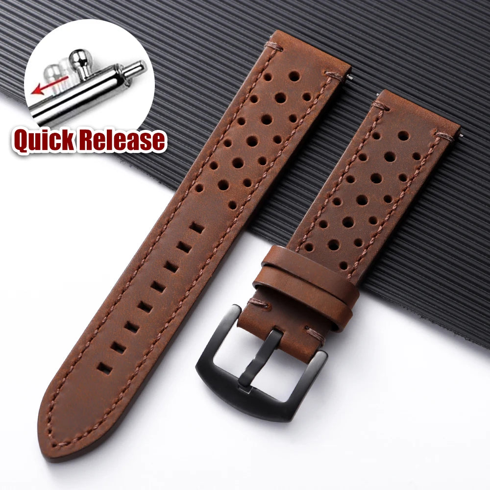 OnePlus Watch Band Quick Release Leather Strap Vintage Brown Wristband with perforated design and quick release feature.