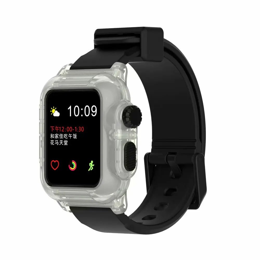 Apple Watch with black silicone strap and clear protective case, showcasing waterproof design and digital display.