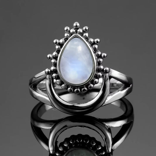 Moonstone teardrop ring with beaded halo, 925 sterling silver, photo 1