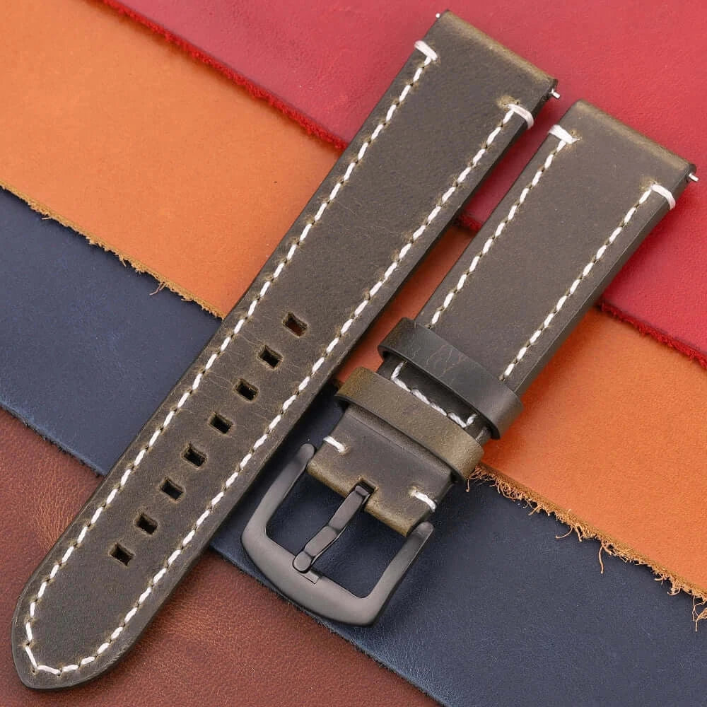 Contrast-Stitched Leather Buckle Band in Olive Gray / Black Buckle for compatible Huawei watches