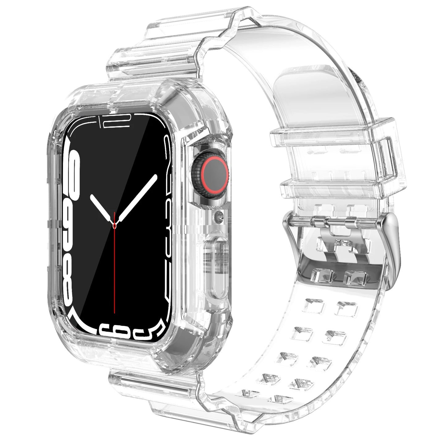 Transparent silicone strap for Apple Watch providing comfort and style, suitable for any occasion.
