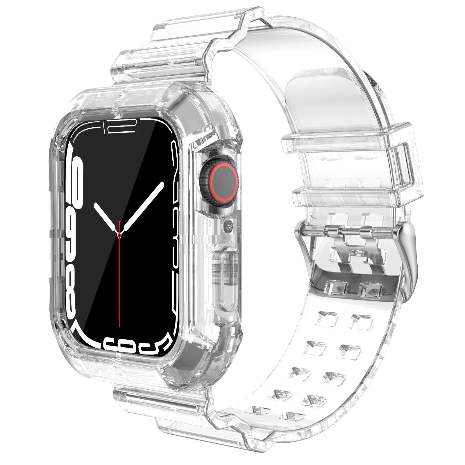 Transparent silicone strap for Apple Watch providing comfort and style, suitable for any occasion.
