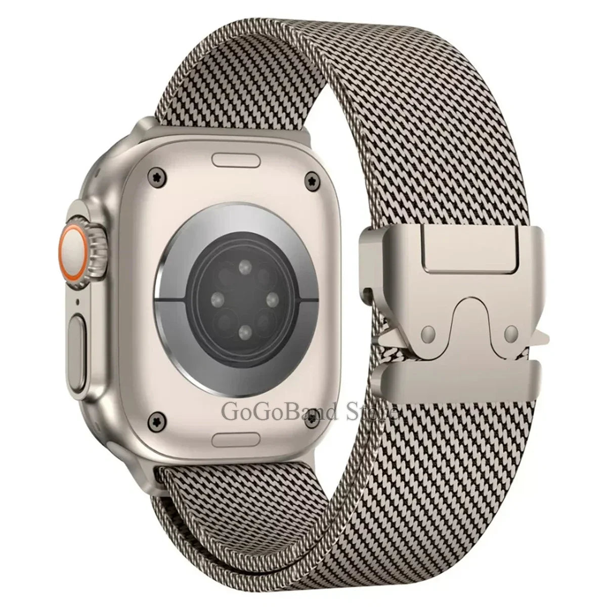 Fine-Mesh Apple Watch Band with Parachute-Style Clasp in Titanium Tone