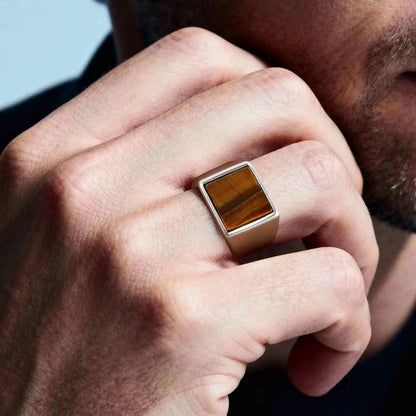 Man wearing 14mm tiger's eye signet ring