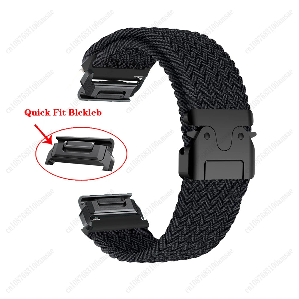 Garmin braided nylon strap in black with QuickFit buckle, designed for comfortable smartwatch wear.