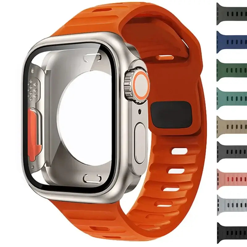 Orange slotted silicone Apple Watch band and case with color preview strip