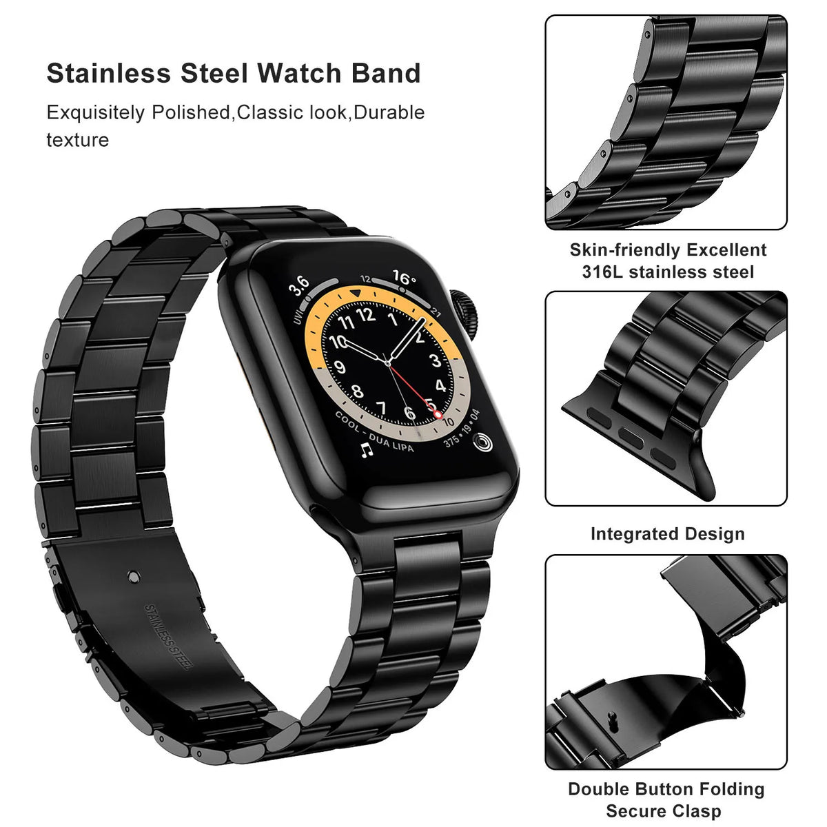 Black bracelet link and folding-clasp details for Apple Watch