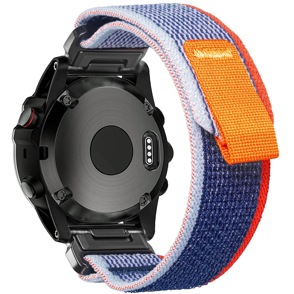 Garmin rugged woven nylon sport band in blue with orange accents, designed for durability and comfort for smartwatches.