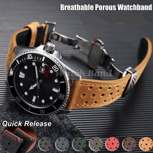 Perforated Racing Leather Band on a dive watch with color swatches