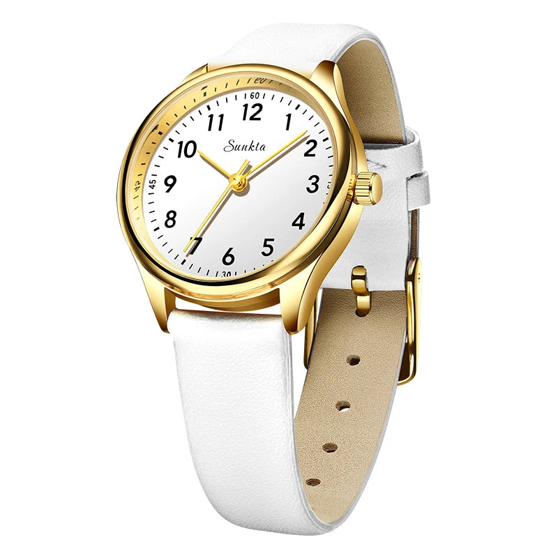 Women's Arabic Numeral Quartz Watch — White Strap / Gold Tone / White Dial — BandsCo Straps