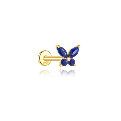 Lapis lazuli stud earring, 925 sterling silver, butterfly, gold-tone