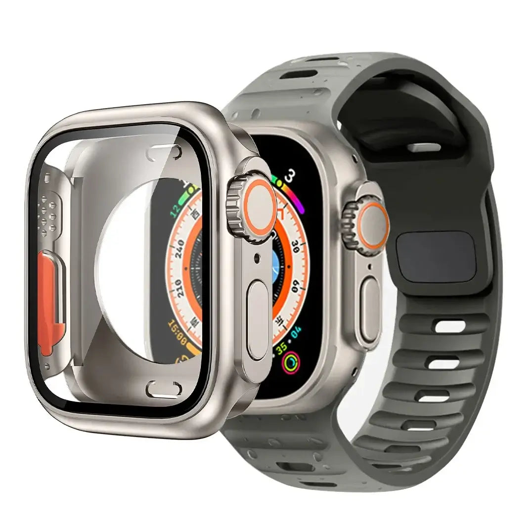 Gray slotted silicone Apple Watch band with coordinating case